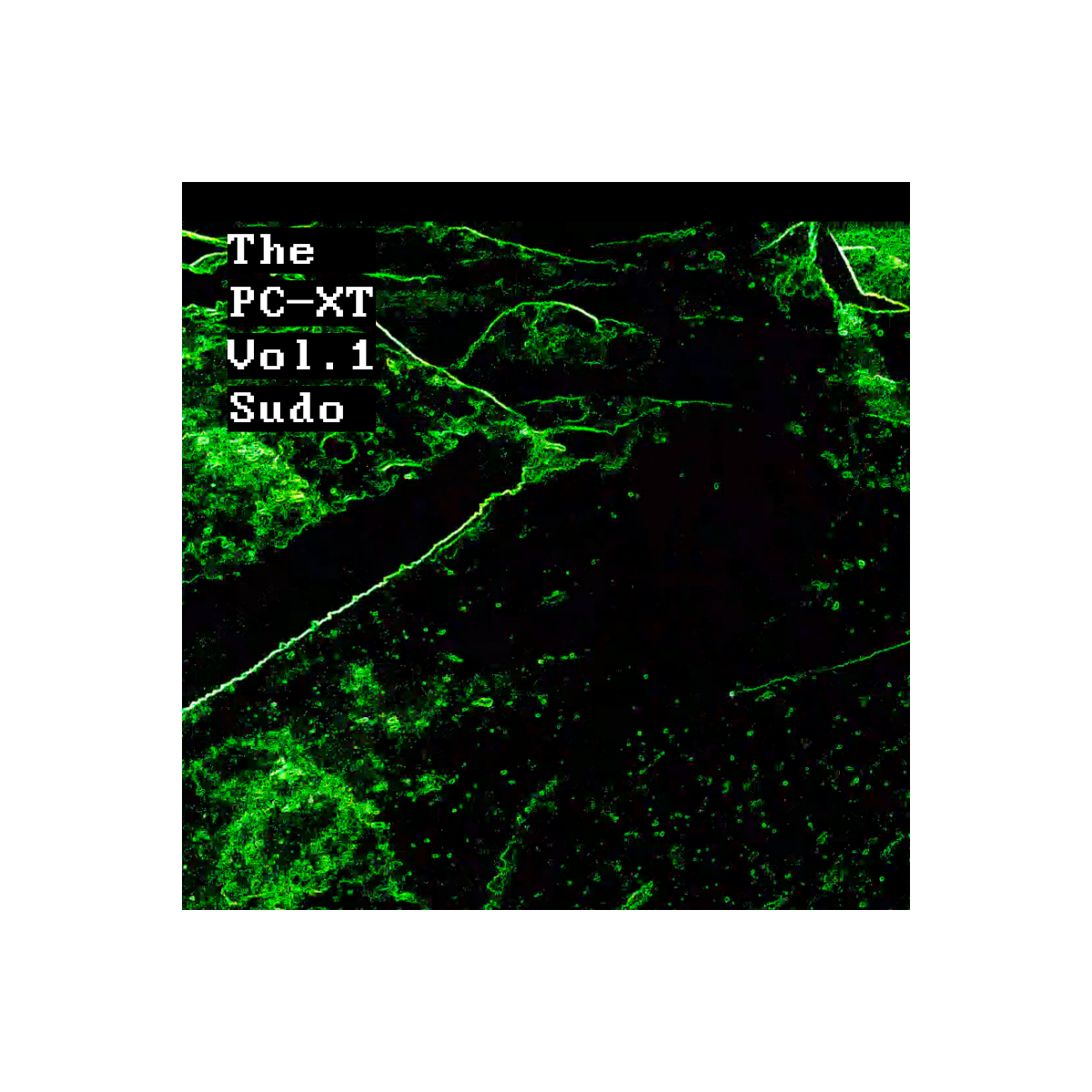 Artwork de l'album PCXT Volume 1, Sudo, vert et noir, inspiré des écrans monochromes des terminaux informatiques anciens